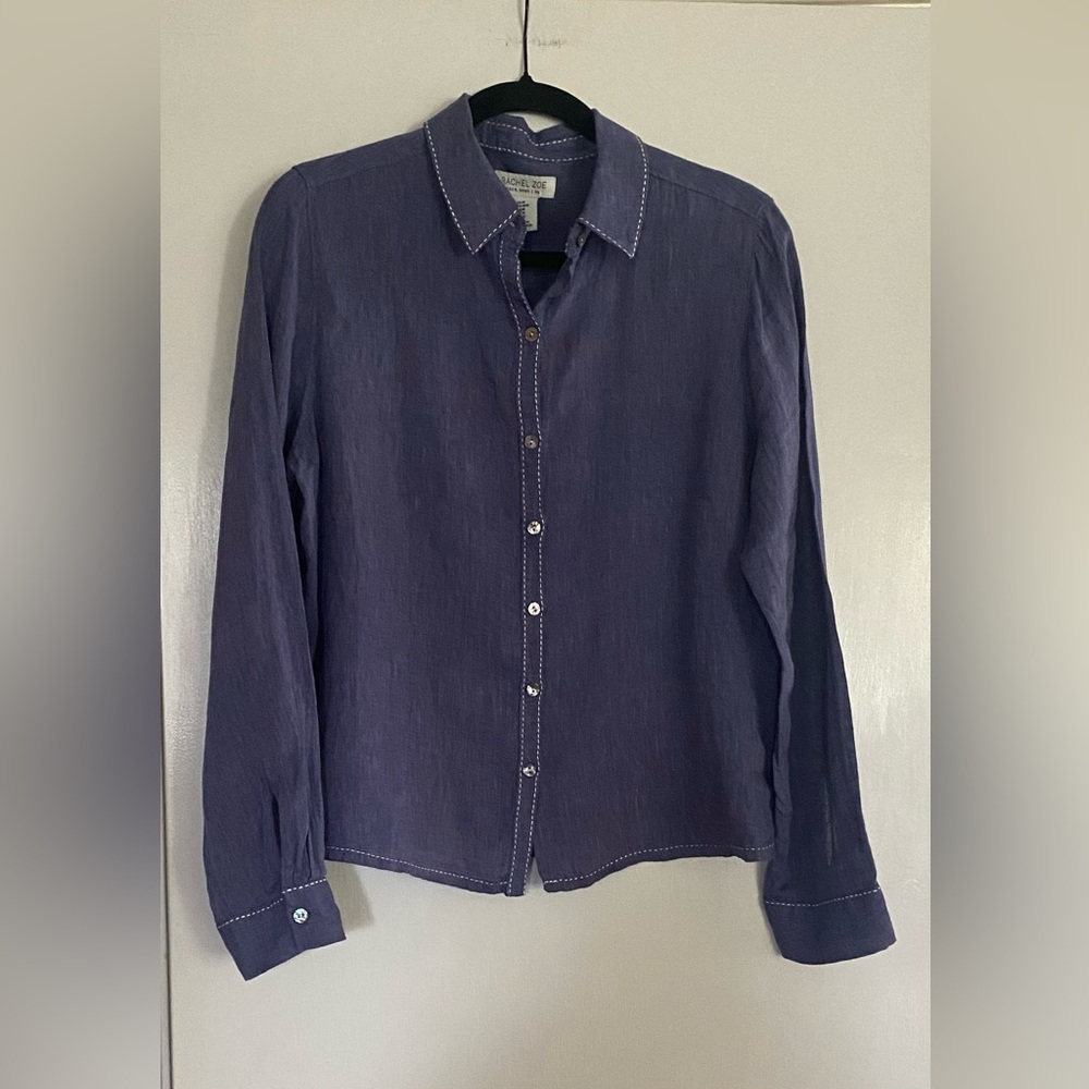 Classic Linen Navy Button-Down Shirt with Contrast Stitching